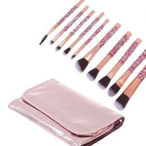10pc Bling Makeup Brush Set Pink Glitter Handles w/ Travel Case Eyes Face gift